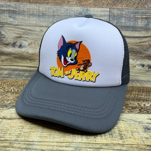 Tom And Jerry Mens Trucker Hat Grey Snapback 1940 Cartoon Vintage Logo Ball Cap - Picture 2 of 8